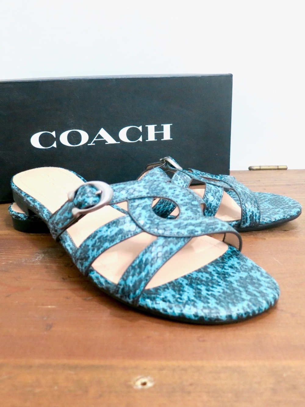 Coach NIB Kennedy Mineral Leather Blue Black Snake Animal Print Slide Sandal